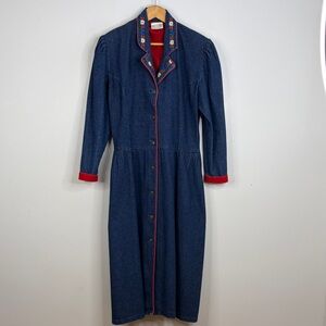 Vintage April Cornell Dress Womens Large Blue Denim Midi Shirtdress Red Floral